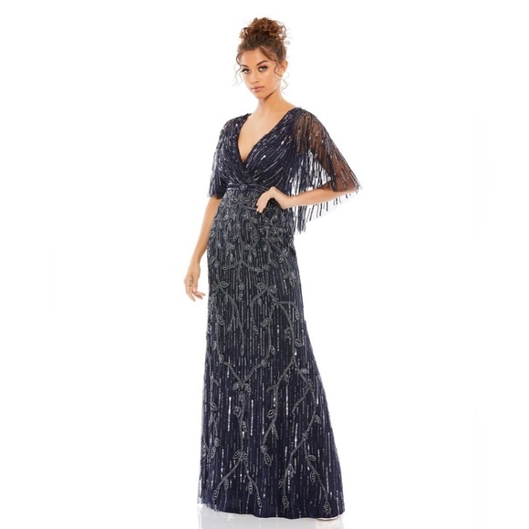 Mac Duggal 9064 NWT EMBELLISHED CAP SLEEVE FAUX WRAP TRUMPET GOWN - NWOT - Picture 1 of 12